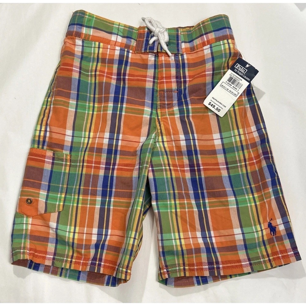 NWT Boys Polo Ralph Lauren Shorts Plaid Mesh Lined Swimwear Drawstring Sz 7 NOS